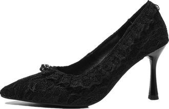 Generic Womens Lace Pointed Toe Stiletto High Heel Pumps Slip On Elegant Wedding Evening Party Dress Shoes (Black,5.5)