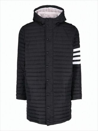 Thom Browne Quilted Black Padded Coat With Hood And Three-Stripe Detail
