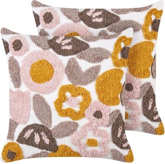Beliani Beliani - Set of 2 Modern Decorative Throw Cushions Cotton Tufted Floral Shapes Pattern Square 45 x 45 cm Removable Cover Multicolour Kandiaro