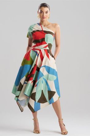 Natori Abstract Palm Cotton Poplin One Shoulder Handkerchief Hem Dress in Multi at Nordstrom, Size 10
