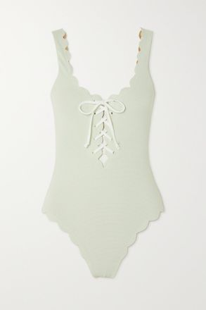 Marysia Swim Costume Da Bagno Reversibile In Seersucker Smerlato Con Lacci Palm Springs - Verde