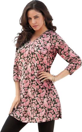 Roaman's Plus Size Cotton Ultimate Long Sleeve V Neck Tunic in Black Floral Paisley at Nordstrom, Size Medium