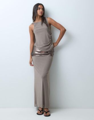 Asos vestito a paillettes a pannelli con spalla attorcigliata a vita bassa color khaki-Verde
