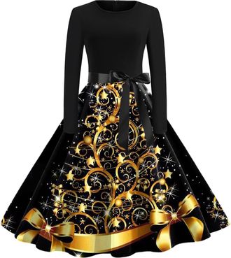 Generic Christmas Dresses for Women Long Sleeve A Line Elegant Party Dress Retro 50s Style Swing Midi Fit Flared Winter Printed Dress Heart Neck Ladies Fashio