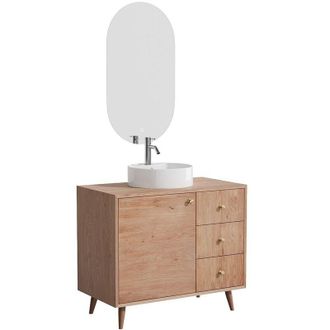 Vente-Unique Mobile bagno in rovere massello con lavabo da appoggio rotondo, specchio e rubinetto Naturale chiaro 93 cm - ZARENO