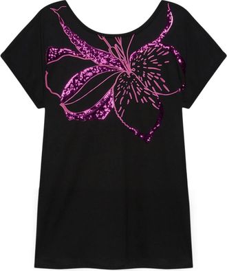 Fiorella Rubino T-shirt met Jumbo Geborduurde Bloem - Dames - T-shirts - Zwart - M - Katoen - Tops