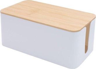No Brand Caja Organizadora De Cables Con Tapa De Bamb&uacute; - Caja Blanca Para Cables, Regletas Y Cargadores - Organizador De Cables Para Escritorio, Televisor Y Of