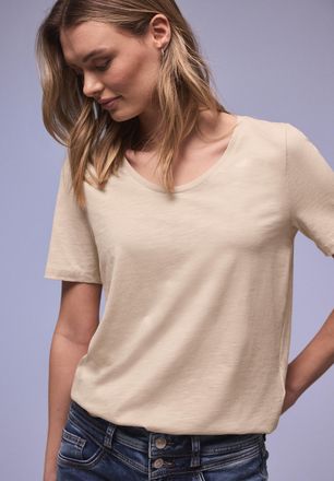 Street One T-Shirt STREET ONE Style Gerda, Damen, Gr. 34, cotton beige, Jersey, Obermaterial: 50% Baumwolle, 50% Modal, unifarben, regular fit normal, V-Ausschni