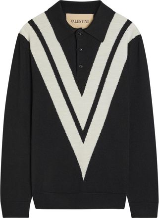 Valentino Garavani Vlogo-intarsia Wool Polo Jumper - Black And White - Xxl