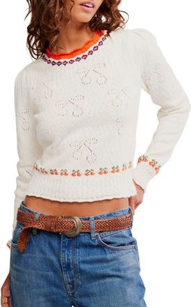 Free People Tilly Cherry Pointelle Knit Crop Sweater in Coconut Milk Combo at Nordstrom, Size X-Small
