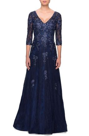 La Femme Embroidered Lace Gown in Navy at Nordstrom, Size 16