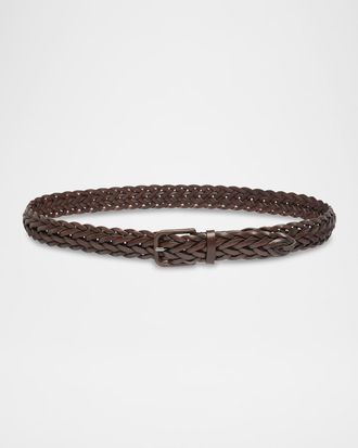 Giorgio Armani Men & apos;s Covered-Buckle Braided Leather Belt