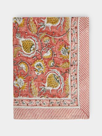 Chamois Pomegranate Block-Printed Linen Rectangular Tablecloth (106.5in/2.7m)
