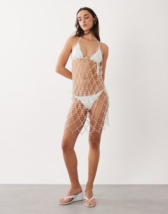 Miss Selfridge Vestitino premium da mare con scollo ad anello trasparente decorato-Argento