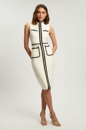 Karen Millen Womens Figure Form Bandage Knit Piping Detail Military Sleeveless Midi Dress - Cream - Size 10 UK