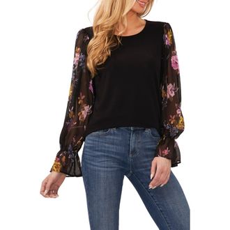 CeCe by Cynthia Steffe Mixed Media Floral Long Sleeve Knit Top in Rich Black at Nordstrom, Size X-Small