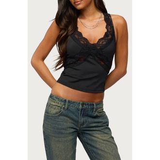 Edikted Alli Lace Trim Crop Top in Black at Nordstrom, Size X-Small