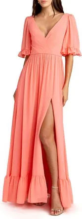 Mac Duggal V-Neck Flutter Sleeve Chiffon Faux Wrap Maxi Gown in Coral at Nordstrom, Size 16