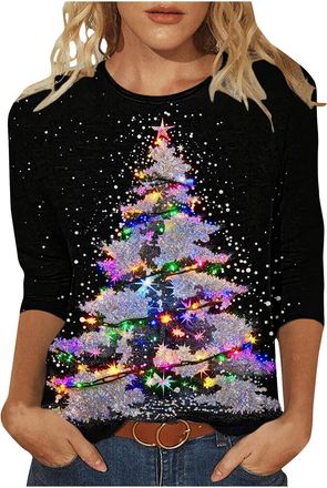 Generic Christmas Tops for Women Novelty Funny Xmas Tees Elk Snowman Print 3/4 Sleeeve Blouse Lightweight Christmas Jumpers Xmas T Shirts Women Holiday Tunic 
