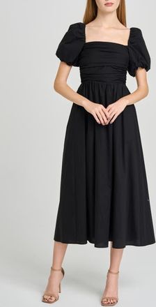 Wayf Lucy Ruched Puff Sleeve Midi Dress in Black at Nordstrom, Size X-Small