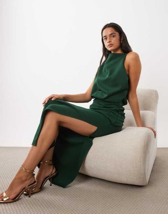 Asos vestito midi strutturato drappeggiato con spacco in tessuto scuba verde scuro-Nero
