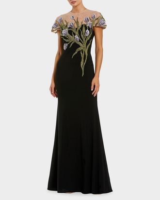 Mac Duggal Evening Embroidered Jersey Illusion-Neck Gown