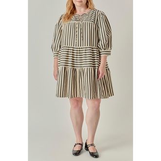 English Factory Striped Tiered Minidress in Beige/black at Nordstrom, Size 3X