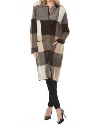 Joseph Ribkoff Checkered Feather Yarn Coat In Mocha/multi
