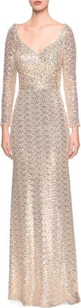 La Femme Long Sleeve Sequins Gown with Soft V-Neckline in Light Gold at Nordstrom, Size 16