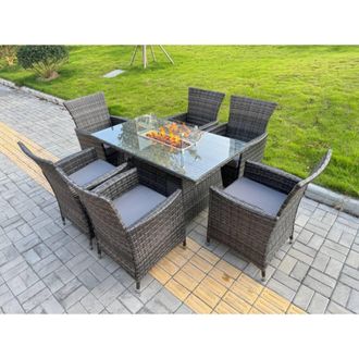 Fimous Rattan Garden Furniture Set 6-seater Patio Gas Firepit Table Chairs in Dark Grey