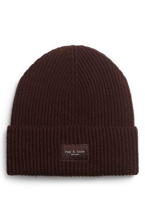 Rag & Bone Blake Logo Patch Wool Blend Rib Beanie in Chocobro at Nordstrom Rack