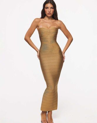 House of CB vestito lungo bandage senza spalline con scollo a cuore, fascia in vita e finitura dorata scintillante-Oro