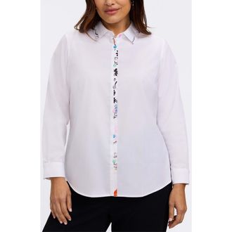 Foxcroft Charlie Floral Trim Cotton Blend Button-Up Shirt in White at Nordstrom, Size 16W