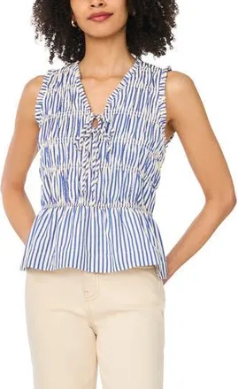 Halogen Sleeveless Ruffle Gathered Top in Ensign Blue Stripe at Nordstrom Rack, Size X-Small