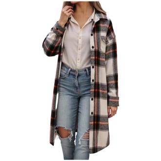 Generic Womens Plaid Shacket Jacket Long Corduroy Shirts Casual Lapel Button Down Flannel Trench Coats with Side Pockets Womens Flannel Checked Shirts Oversiz