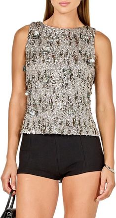 endless rose Floral Appliqu&eacute; Sequin Top in Silver/charcoal at Nordstrom, Size X-Small