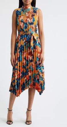 Tahari by ASL Abstract Print Pleated Belted Dress in Rust/Teal at Nordstrom Rack, Size 12