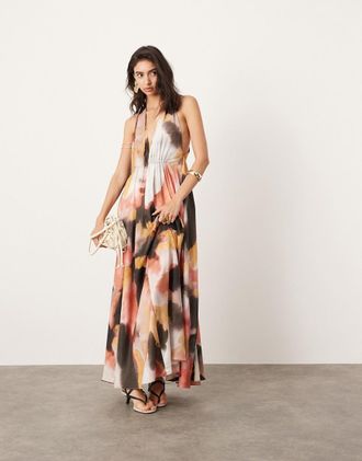 Asos Vestito lungo allacciato al collo in raso con stampa stile acquerello, tasche e dettagli arricciati-Multicolore
