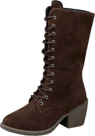 Generic Ladies Autumn Winter Mid Calf Boots Fashion Solid Color Suede Lace Up Heeled Ankle Boots Casual Ladies Booties(Brown, 4.5)