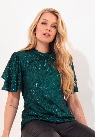 Joe Browns Short Flutter Sleeve Sequin Top in Emerald Sequin at Nordstrom, Size Medium