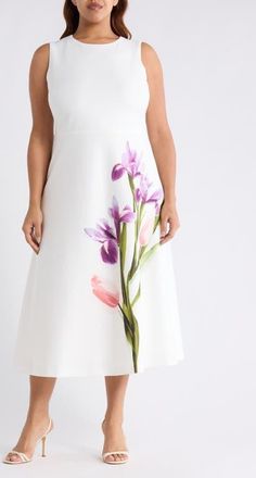 Anne Klein Placement Print Sleeveless Midi Dress in White Dove Multi at Nordstrom, Size 24 W