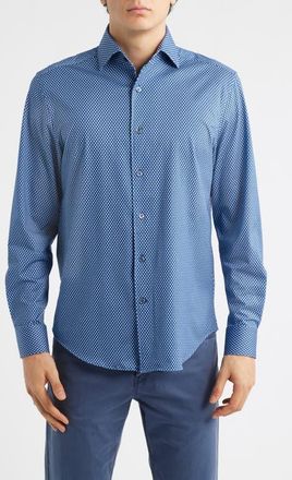Bugatchi Devon OoohCotton Honeycomb Print Long Sleeve Button-Up Shirt in Navy at Nordstrom, Size Xxx-Large