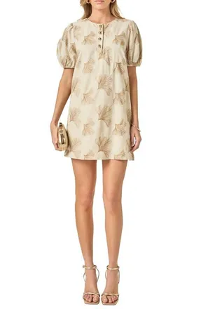 English Factory Ginkgo Leaf Embroidered Puff Sleeve Minidress in Beige at Nordstrom, Size X-Small