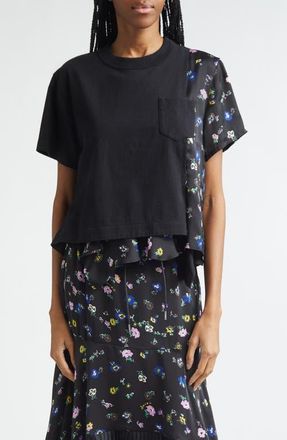 sacai Mixed Media Cotton Jersey & Floral Satin Pocket T-Shirt in Black/Black at Nordstrom, Size 3