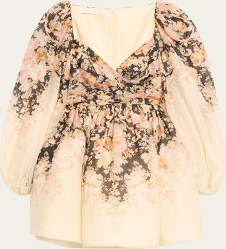 Zimmermann Degrade Floral-Print Long-Sleeve Draped Mini Dress