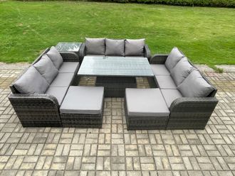 Fimous Garden Dining Sets Outdoor Rattan Furniture Lounge Sofa Height Adjustable Rising lifting Table in Dark Grey