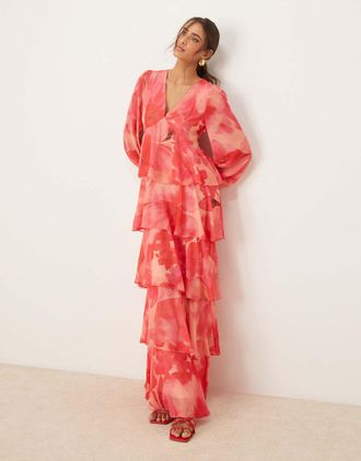 Pretty Lavish plunge balloon sleeve maxi dress in pink and red floral-Multi
