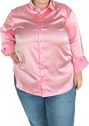 She + Sky Long Sleeve Woven Satin Shirt With Rollup Sleeve In Light Pink