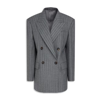 Brunello Cucinelli Pinstriped Wool Blazer - female - Brunello Cucinelli - Blazers - Gray - L - Jackets