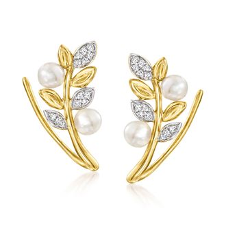 Ross-Simons 3.5-4mm Cultured Pearl Leaf Ear Climbers With Diamonds in 14kt Yellow Gold